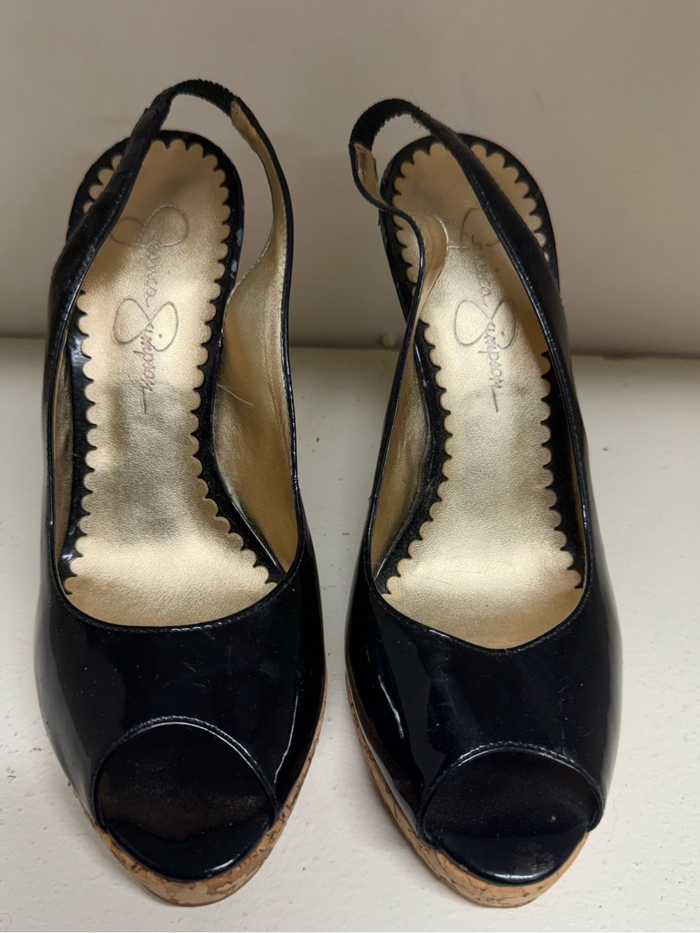 Jessica Simpson Black Patent Peep-Toe Slingback Wedges